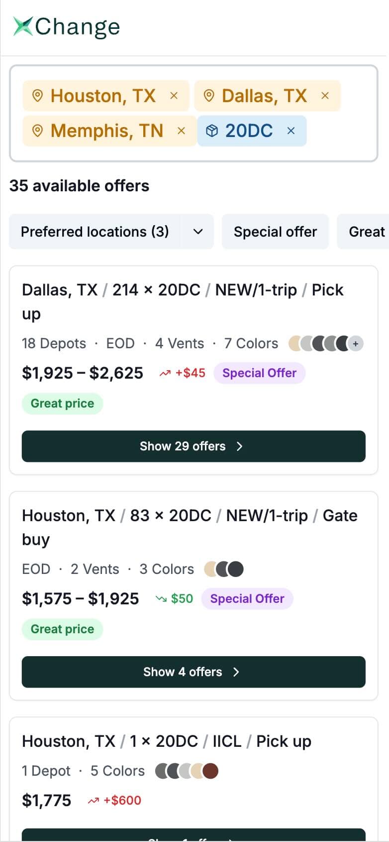 Mobile app search interface showing container inventory