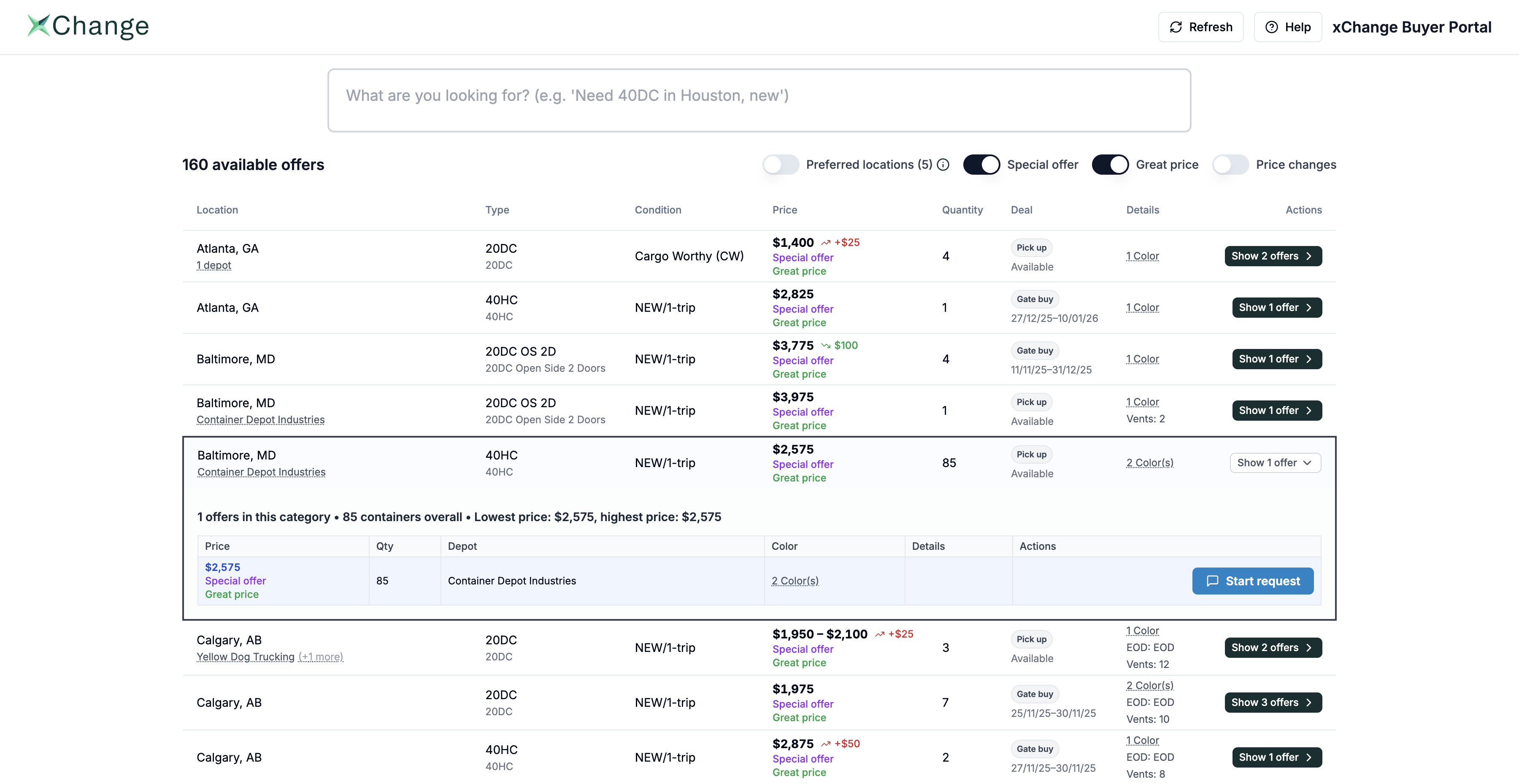 xChange Buyer Portal screenshot showing container inventory