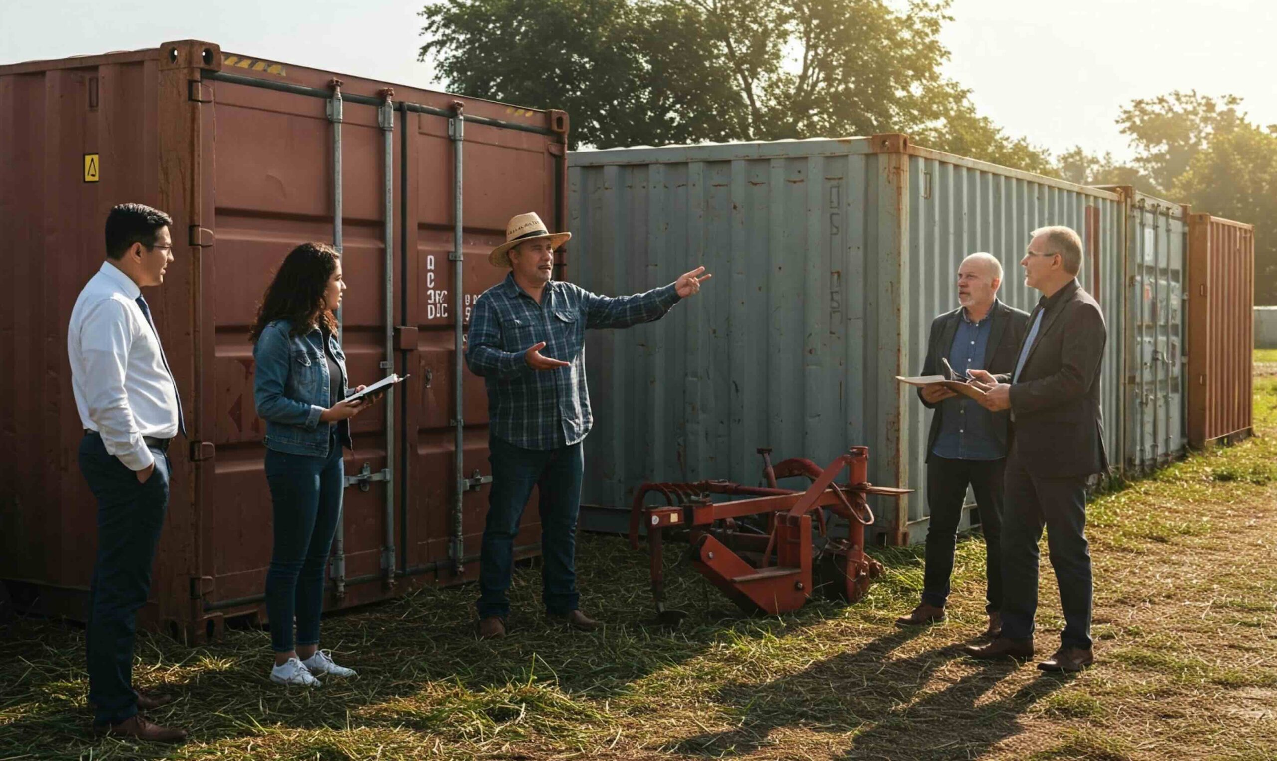 a group of people standing in front of a shipping container